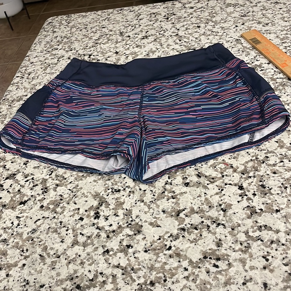 Athleta Running Shorts with Side Pockets Navy Blue Striped